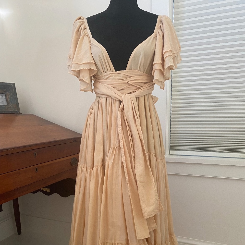 Erika Pena Vale ruffled cotton sand bohemian maxi dress one size